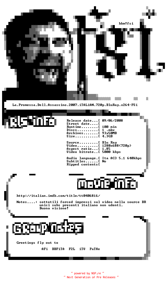 NFO for the release La.Promessa.Dell.Assassino.2007.iTALiAN.720p.BluRay.x264-FSi by FSi