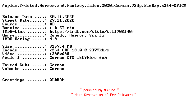NFO for the release Asylum.Twisted.Horror.and.Fantasy.Tales.2020.German.720p.BluRay.x264-SPiCY by SPiCY