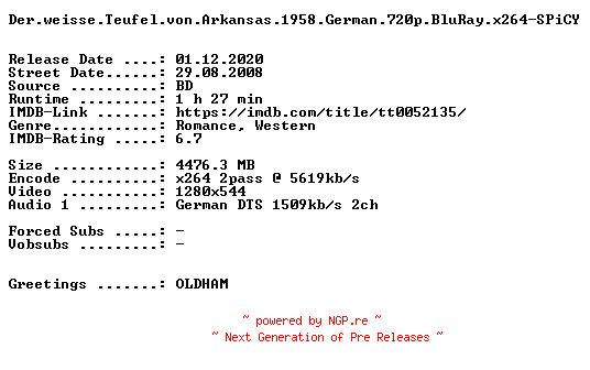 NFO for the release Der.weisse.Teufel.von.Arkansas.1958.German.720p.BluRay.x264-SPiCY by SPiCY
