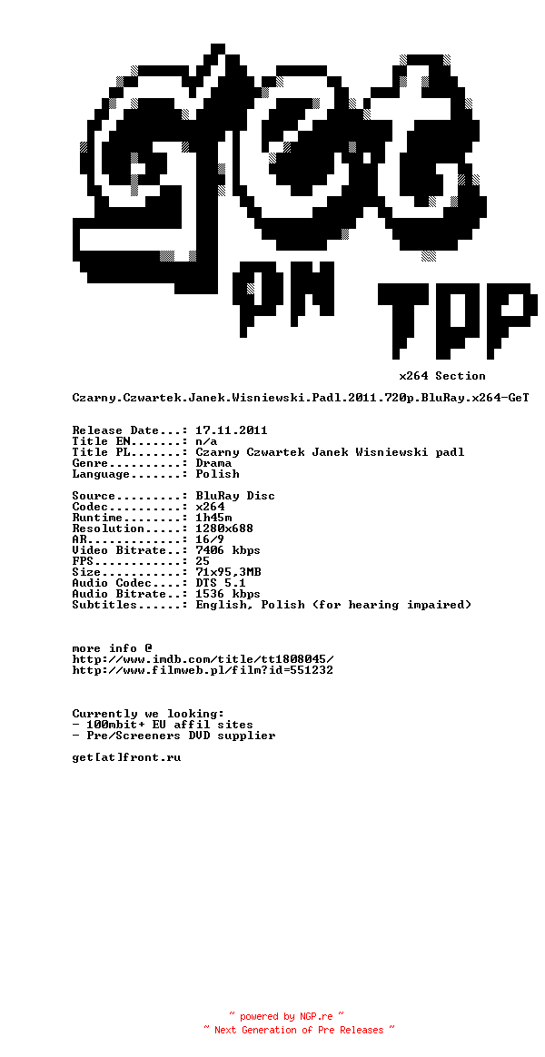 NFO for the release Czarny.Czwartek.Janek.Wisniewski.Padl.2011.720p.BluRay.x264-GeT by GeT
