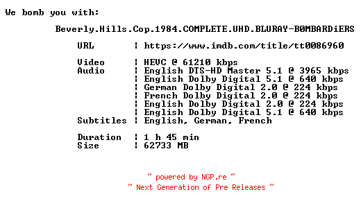 NFO for the release Beverly.Hills.Cop.1984.COMPLETE.UHD.BLURAY-B0MBARDiERS by B0MBARDiERS