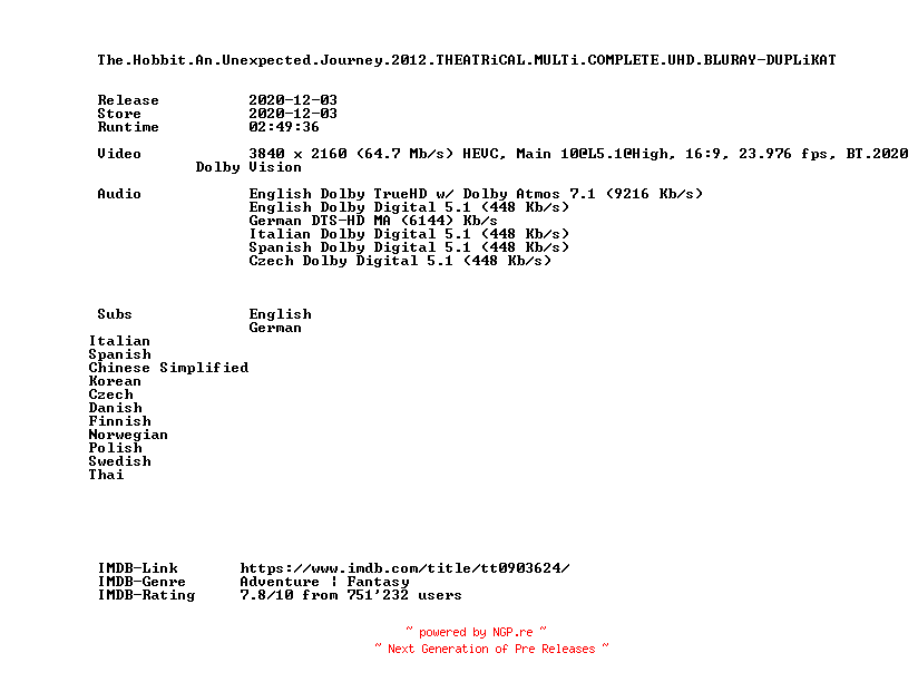 NFO for the release The.Hobbit.An.Unexpected.Journey.2012.THEATRiCAL.MULTi.COMPLETE.UHD.BLURAY-DUPLiKAT by DUPLiKAT