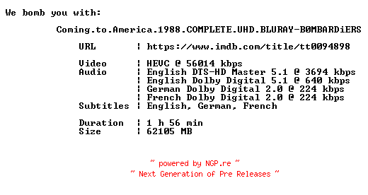 NFO for the release Coming.to.America.1988.COMPLETE.UHD.BLURAY-B0MBARDiERS by B0MBARDiERS