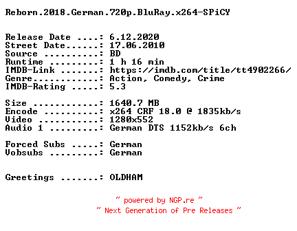NFO for the release Reborn.2018.German.720p.BluRay.x264-SPiCY by SPiCY