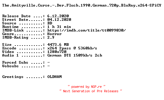NFO for the release The.Amityville.Curse.-.Der.Fluch.1990.German.720p.BluRay.x264-SPiCY by SPiCY