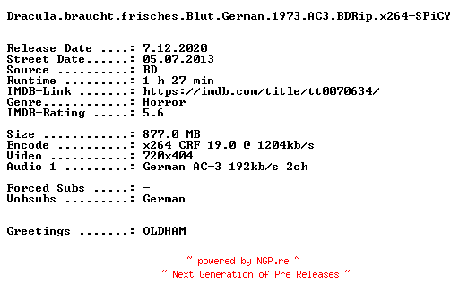 NFO for the release Dracula.braucht.frisches.Blut.German.1973.AC3.BDRip.x264-SPiCY by SPiCY