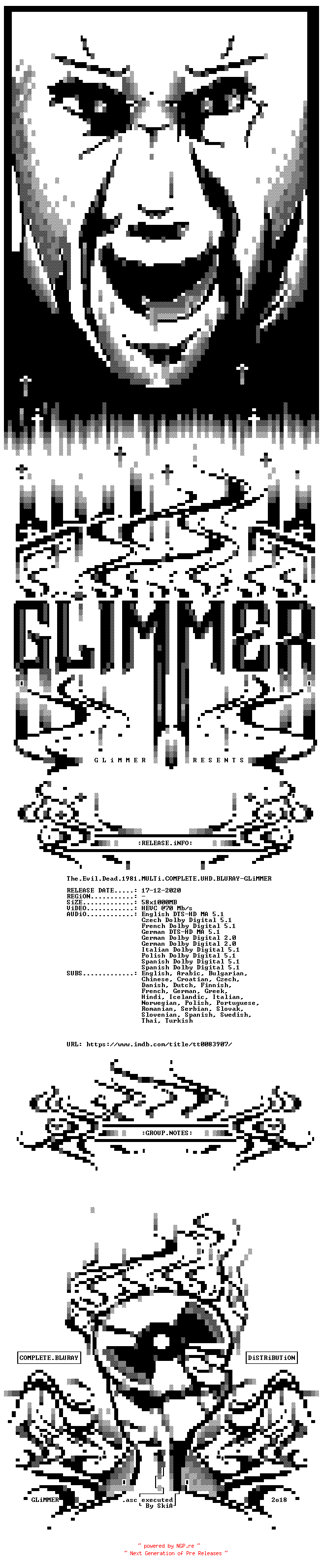 NFO for the release The.Evil.Dead.1981.MULTi.COMPLETE.UHD.BLURAY-GLiMMER by GLiMMER