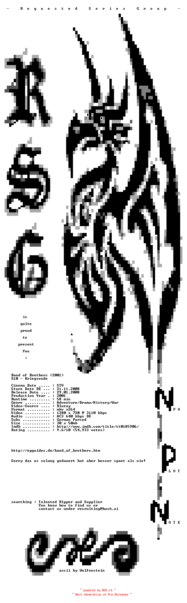 NFO for the release Band.of.Brothers.E10.Kriegsende.German.720p.BluRay.x264-RSG by RSG