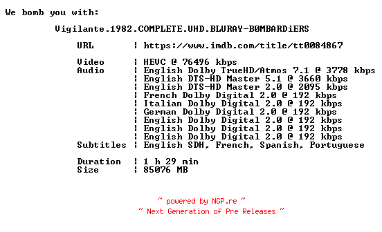 NFO for the release Vigilante.1982.COMPLETE.UHD.BLURAY-B0MBARDiERS by B0MBARDiERS