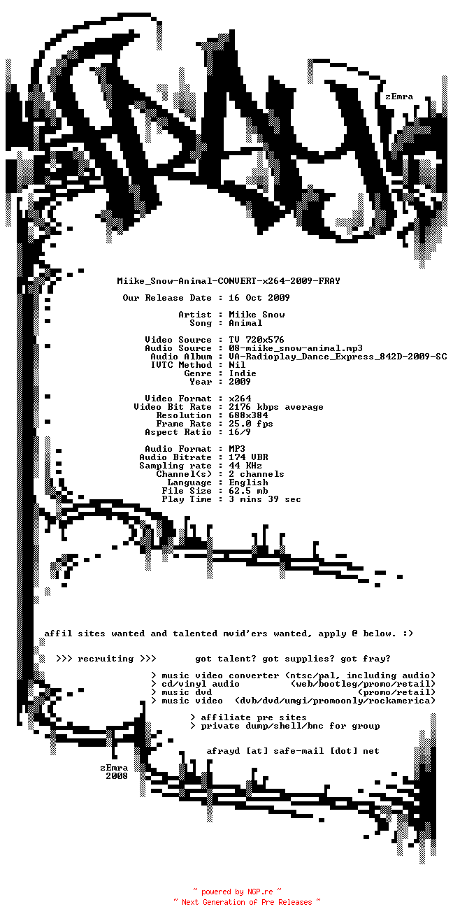 NFO for the release Miike_Snow-Animal-CONVERT-x264-2009-FRAY by FRAY