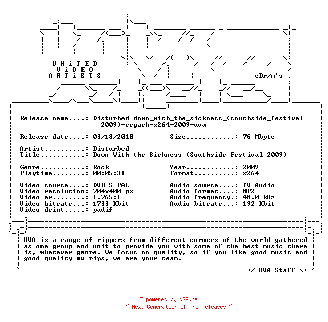 NFO for the release Disturbed-down_with_the_sickness_(southside_festival_2009)-repack-x264-2009-uva by uva