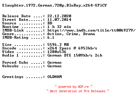 NFO for the release Slaughter.1972.German.720p.BluRay.x264-SPiCY by SPiCY