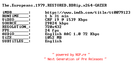 NFO for the release The.Europeans.1979.RESTORED.BDRip.x264-GAZER by GAZER