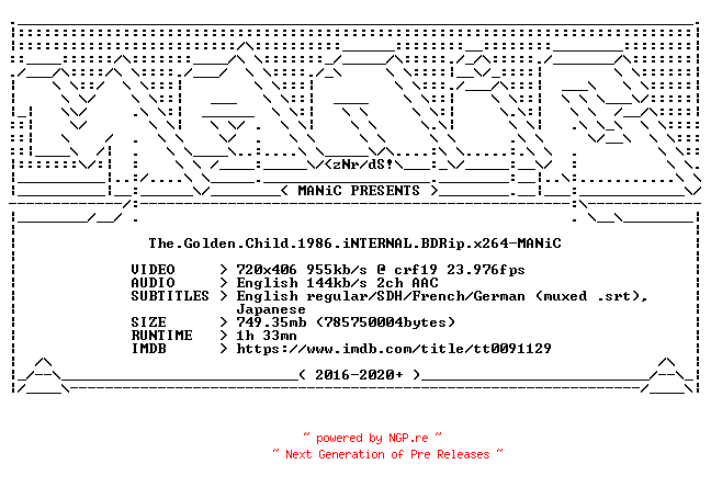 NFO for the release The.Golden.Child.1986.iNTERNAL.BDRip.x264-MANiC by MANiC