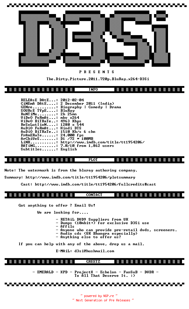NFO for the release The.Dirty.Picture.2011.720p.BluRay.x264-D3Si by D3Si