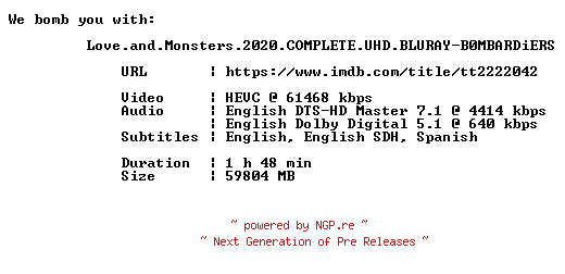 NFO for the release Love.and.Monsters.2020.COMPLETE.UHD.BLURAY-B0MBARDiERS by B0MBARDiERS