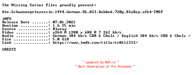 NFO for the release Die.Schwanenprinzessin.1994.German.DL.AC3.Dubbed.720p.BluRay.x264-TMSF by TMSF