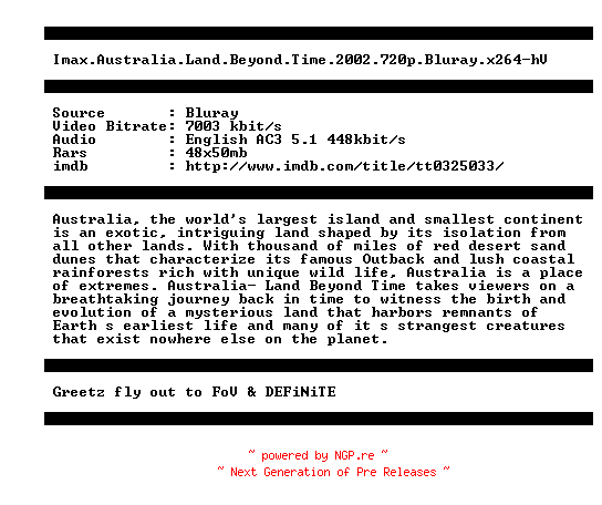 NFO for the release Imax.Australia.Land.Beyond.Time.2002.720p.Bluray.x264-hV by hV