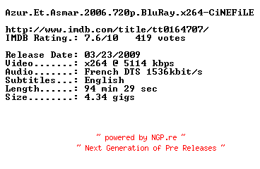 NFO for the release Azur.Et.Asmar.2006.720p.BluRay.x264-CiNEFiLE by CiNEFiLE