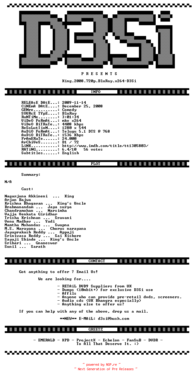 NFO for the release King.2008.720p.BluRay.x264-D3Si by D3Si