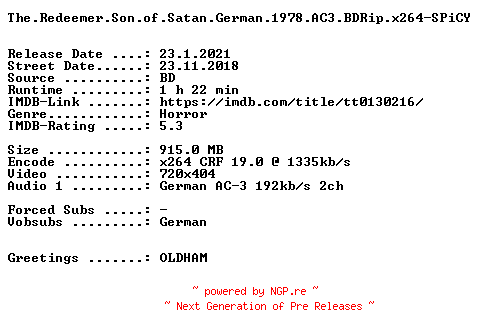 NFO for the release The.Redeemer.Son.of.Satan.German.1978.AC3.BDRip.x264-SPiCY by SPiCY