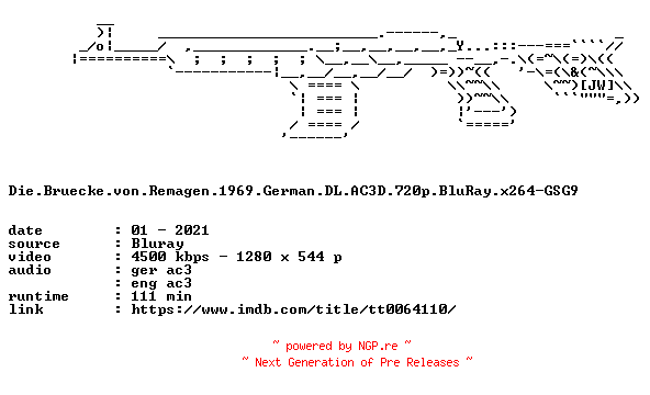 NFO for the release Die.Bruecke.von.Remagen.1969.German.DL.AC3D.720p.BluRay.x264-GSG9 by GSG9