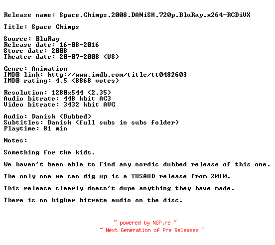 NFO for the release Space.Chimps.2008.DANiSH.720p.BluRay.x264-RCDiVX by RCDiVX