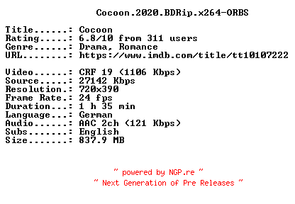 NFO for the release Cocoon.2020.BDRip.x264-ORBS by ORBS