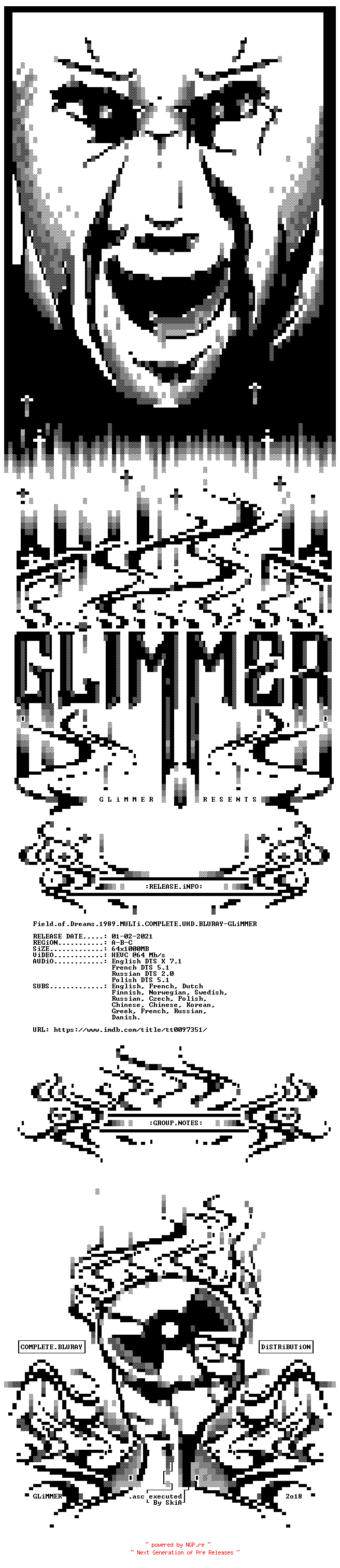 NFO for the release Field.of.Dreams.1989.MULTi.COMPLETE.UHD.BLURAY-GLiMMER by GLiMMER