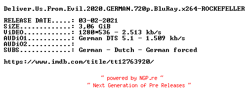 NFO for the release Deliver.Us.From.Evil.2020.GERMAN.720p.BluRay.x264-ROCKEFELLER by ROCKEFELLER