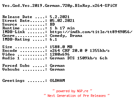 NFO for the release Yes.God.Yes.2019.German.720p.BluRay.x264-SPiCY by SPiCY