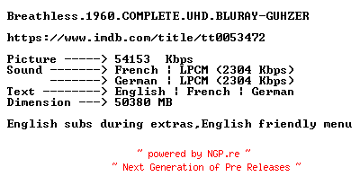 NFO for the release Breathless.1960.COMPLETE.UHD.BLURAY-GUHZER by GUHZER