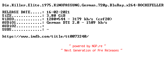 NFO for the release Die.Killer.Elite.1975.KiNOFASSUNG.German.720p.BluRay.x264-ROCKEFELLER by ROCKEFELLER