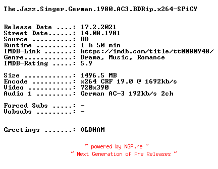 NFO for the release The.Jazz.Singer.German.1980.AC3.BDRip.x264-SPiCY by SPiCY