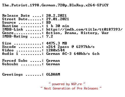 NFO for the release The.Patriot.1998.German.720p.BluRay.x264-SPiCY by SPiCY