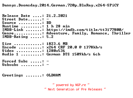 NFO for the release Dannys.Doomsday.2014.German.720p.BluRay.x264-SPiCY by SPiCY