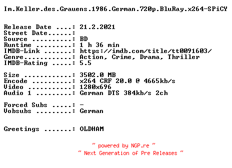NFO for the release Im.Keller.des.Grauens.1986.German.720p.BluRay.x264-SPiCY by SPiCY