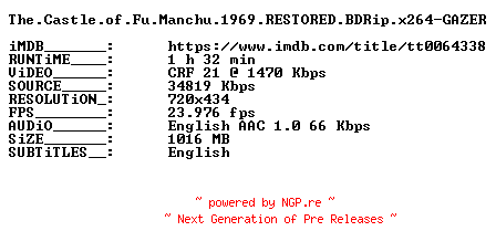 NFO for the release The.Castle.of.Fu.Manchu.1969.RESTORED.BDRip.x264-GAZER by GAZER