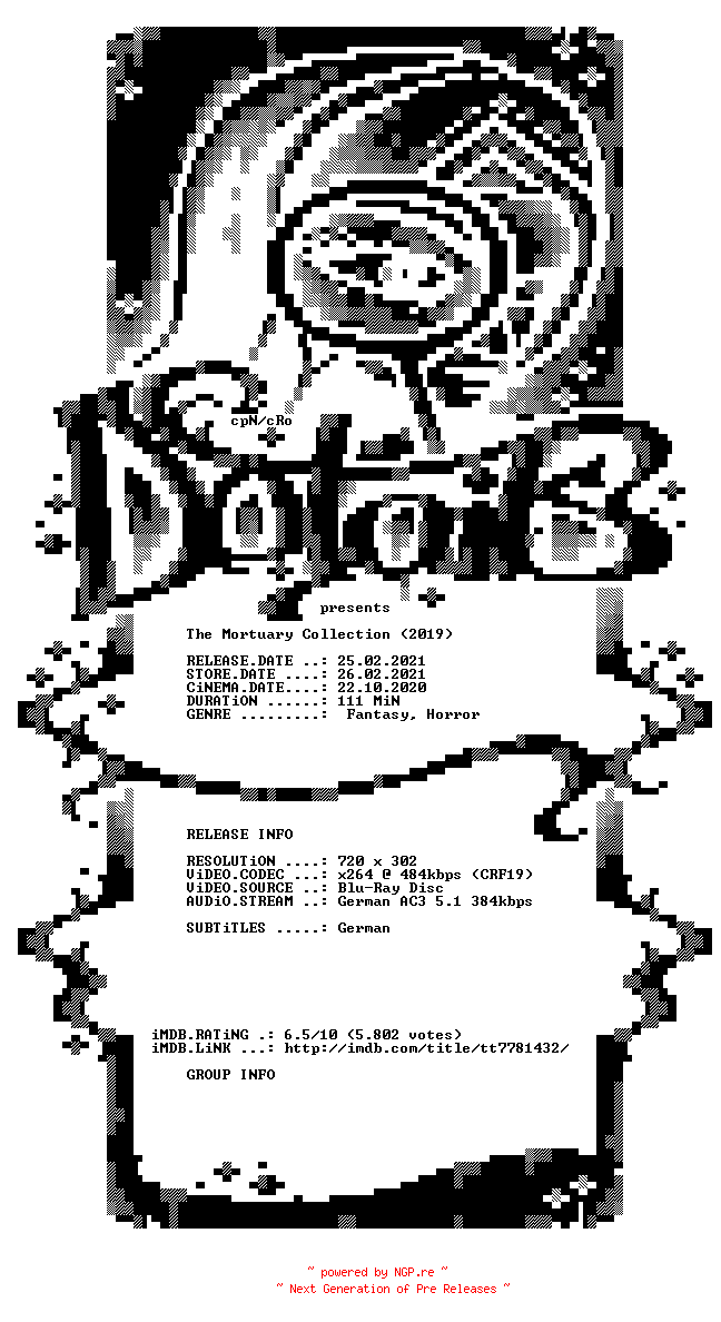 NFO for the release The.Mortuary.Jeder.Tod.hat.eine.Geschichte.2019.German.BDRip.x264-DETAiLS by DETAiLS