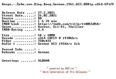 NFO for the release Konga.-.Erbe.von.King.Kong.German.1961.AC3.BDRip.x264-SPiCY by SPiCY