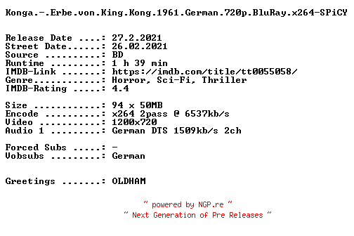 NFO for the release Konga.-.Erbe.von.King.Kong.1961.German.720p.BluRay.x264-SPiCY by SPiCY