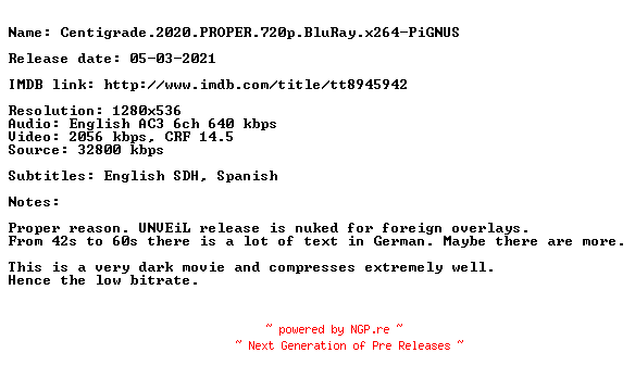 NFO for the release Centigrade.2020.PROPER.720p.BluRay.x264-PiGNUS by PiGNUS