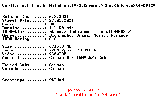 NFO for the release Verdi.ein.Leben.in.Melodien.1953.German.720p.BluRay.x264-SPiCY by SPiCY