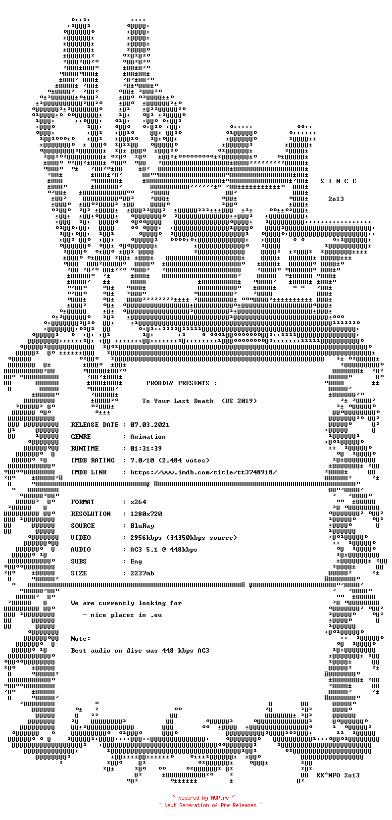 NFO for the release To.Your.Last.Death.2019.720p.BluRay.x264-VETO by VETO
