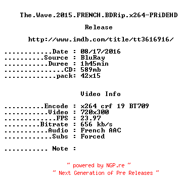 NFO for the release The.Wave.2015.FRENCH.BDRip.x264-PRiDEHD by PRiDEHD