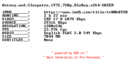 NFO for the release Antony.and.Cleopatra.1972.720p.BluRay.x264-GAZER by GAZER