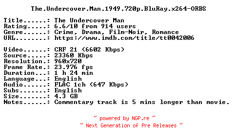 NFO for the release The.Undercover.Man.1949.720p.BluRay.x264-ORBS by ORBS