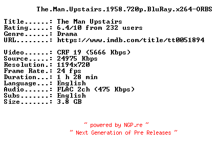 NFO for the release The.Man.Upstairs.1958.720p.BluRay.x264-ORBS by ORBS