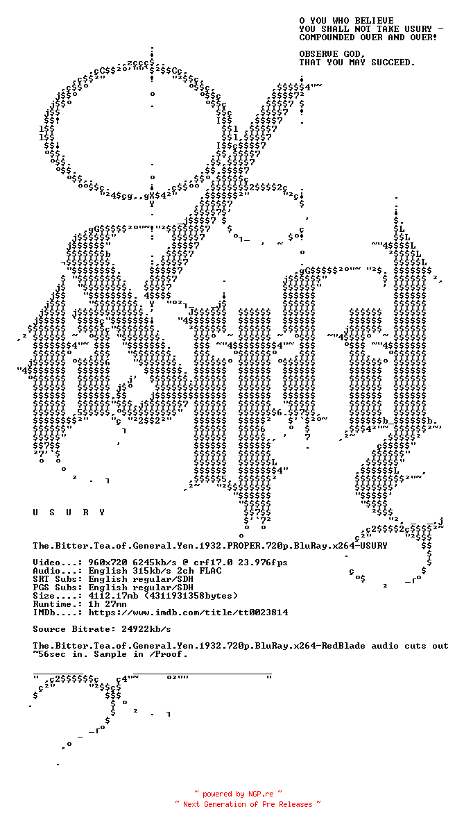 NFO for the release The.Bitter.Tea.of.General.Yen.1932.PROPER.720p.BluRay.x264-USURY by USURY