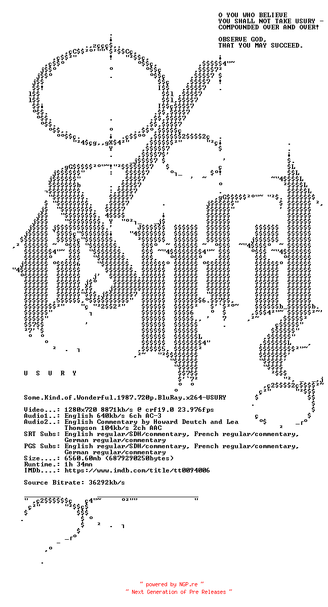 NFO for the release Some.Kind.of.Wonderful.1987.720p.BluRay.x264-USURY by USURY